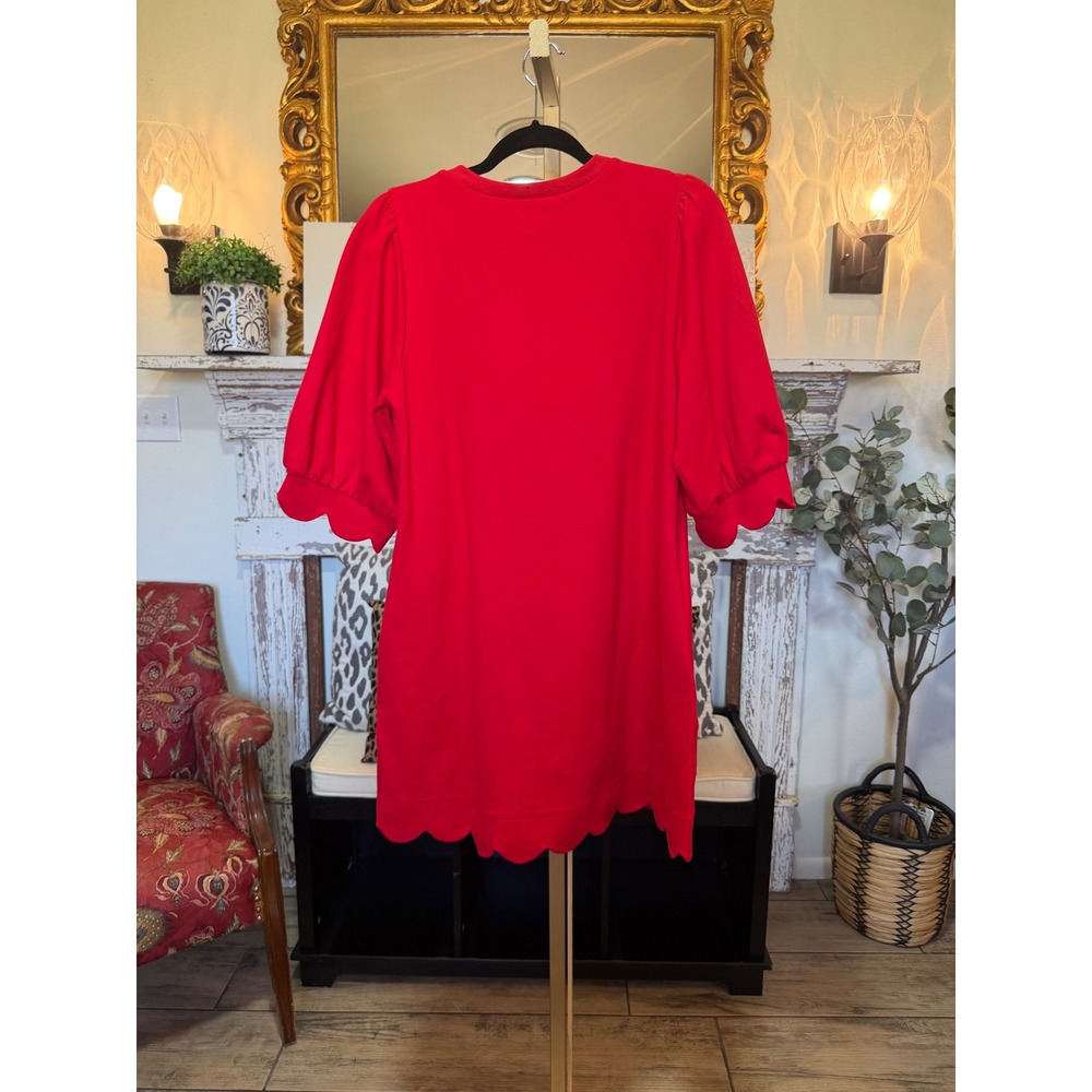 Jodifl Red Pink Striped Scallop Hem Puff Sleeve Shift Dress with Pockets - Picture 8 of 8